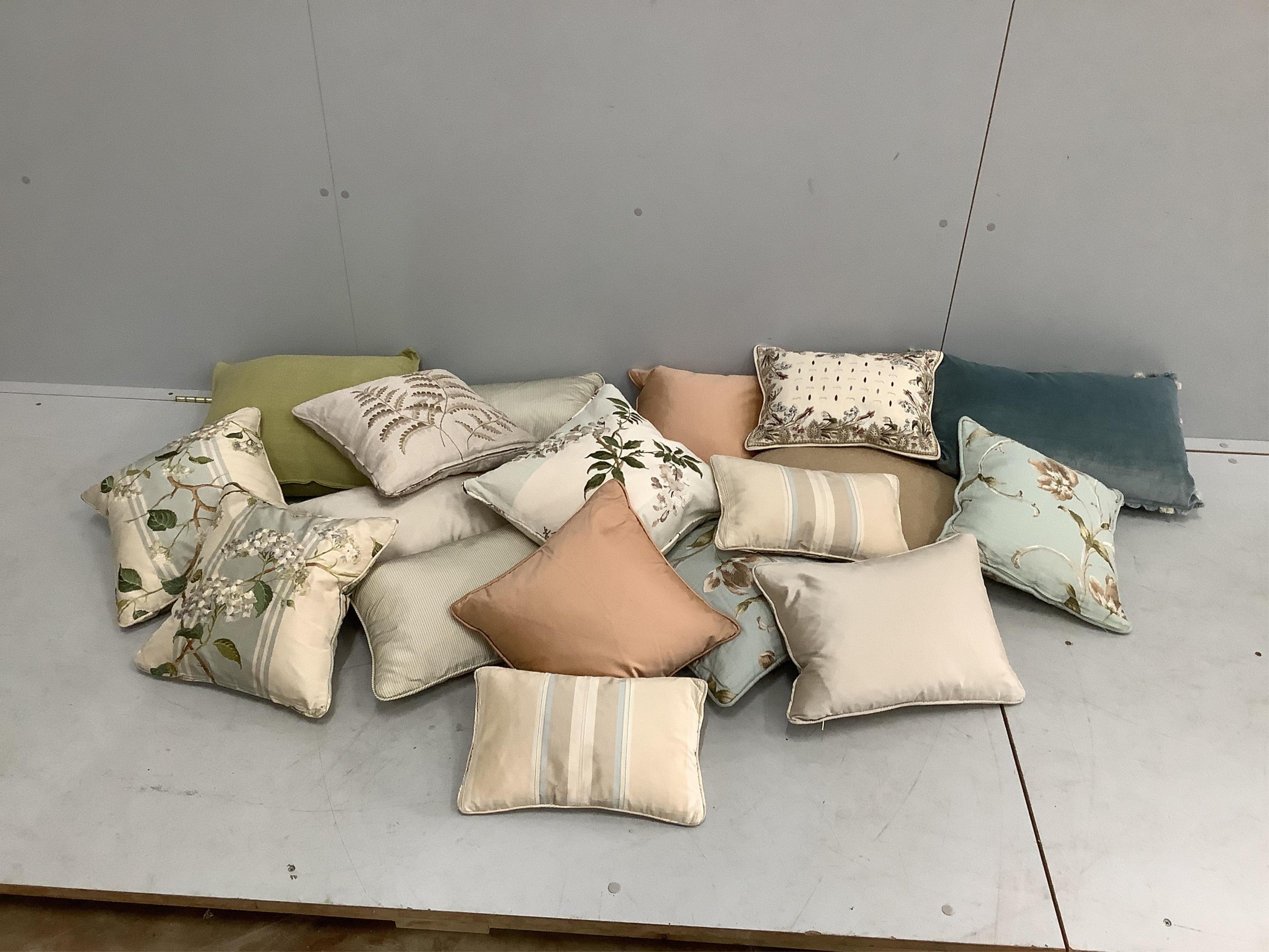 Nineteen assorted designer cushions, many with embroidered decoration, largest 42 x 44cm. Condition - good